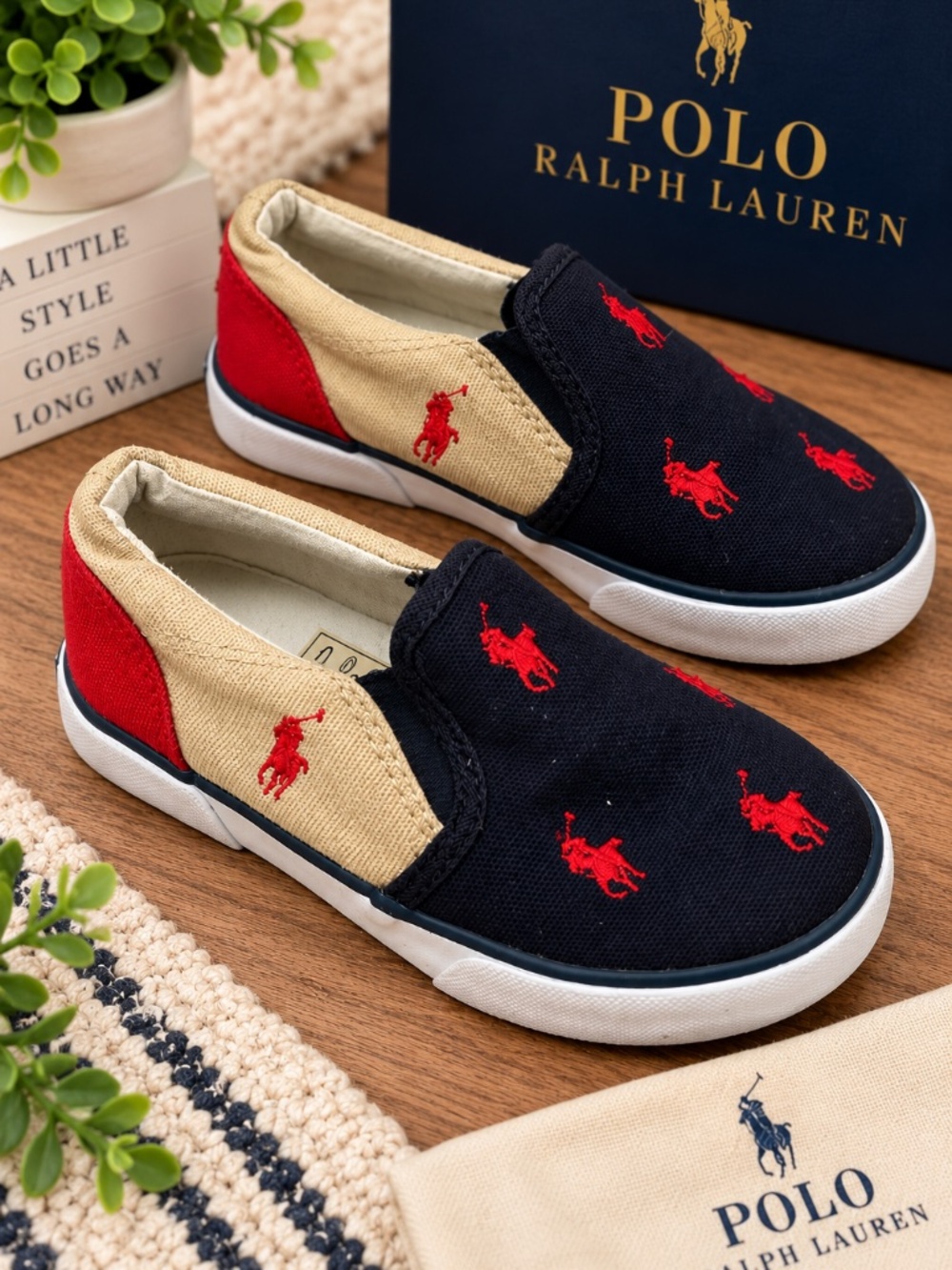 Polo Ralph Lauren Toddler 10 Navy Red Pony Canvas Slip On Shoes